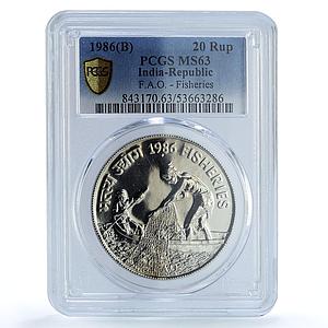 India 20 rupees Fisheries KM-242 FAO Food Day MS 63 PCGS CuNi coin 1986
