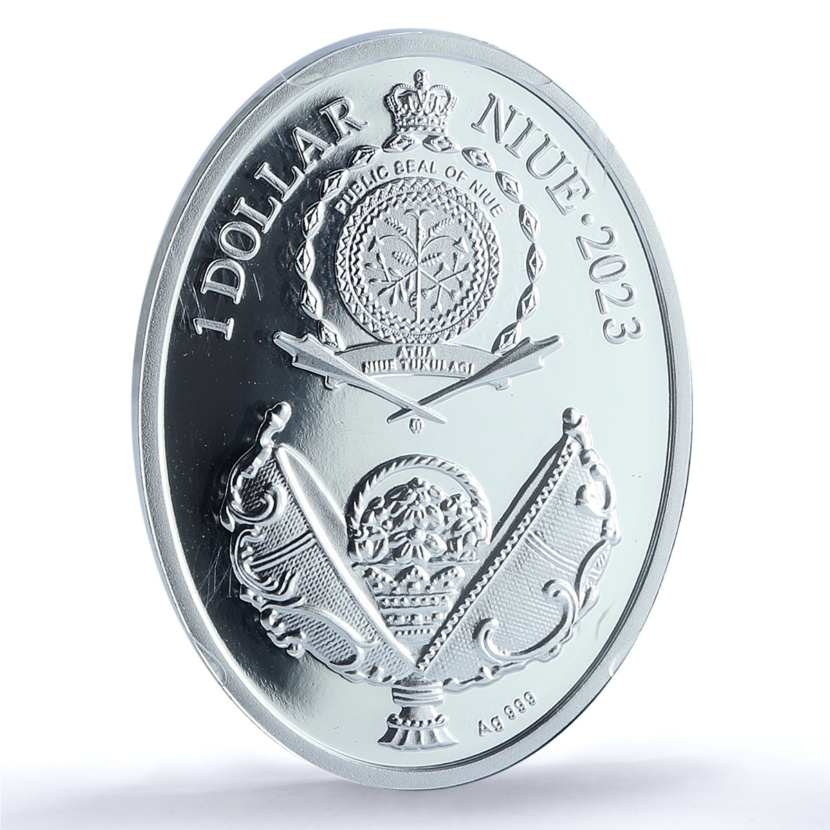 Niue 1 dollar Cradle w/ Garlands Imperial Faberge Art PR70 PCGS silver coin 2023