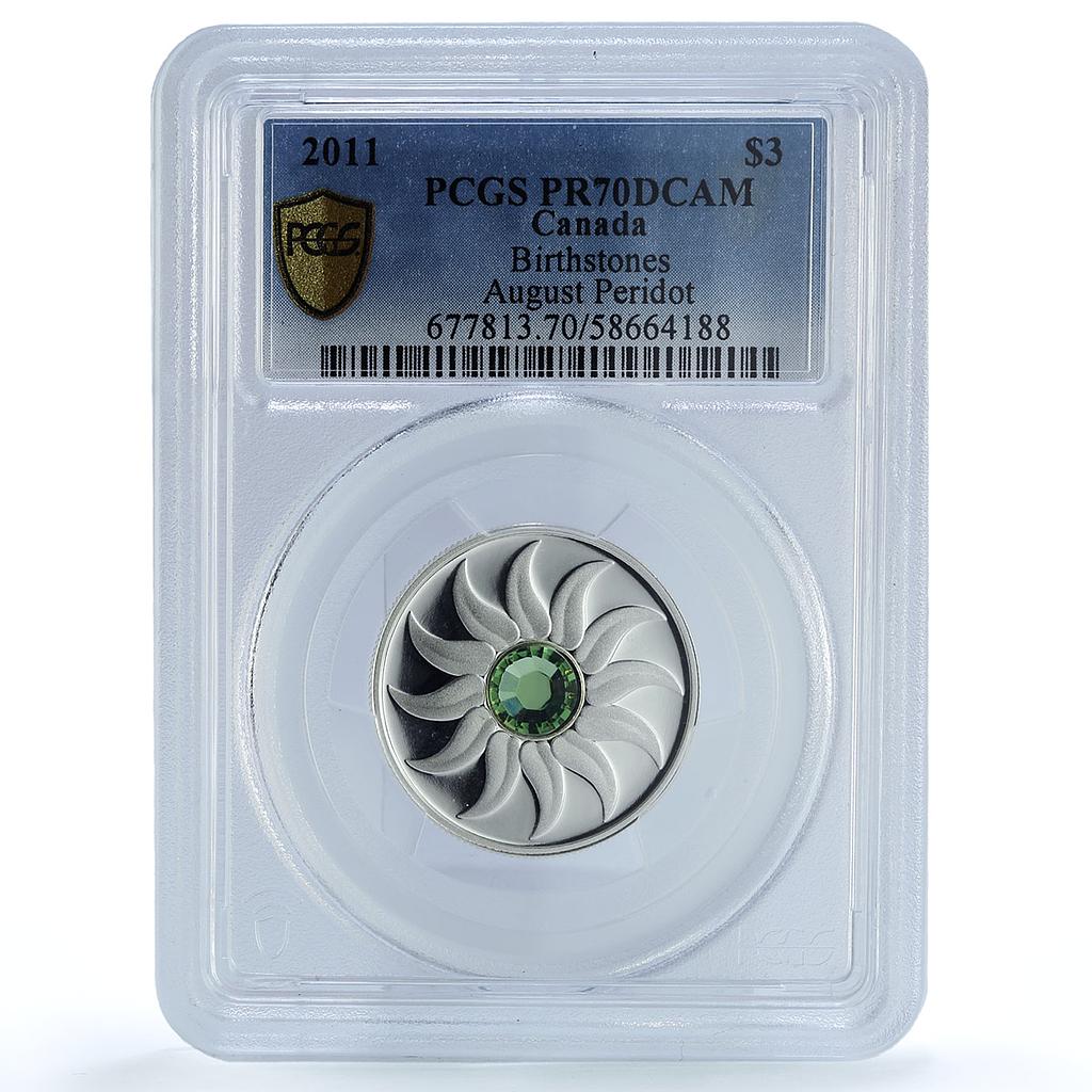 Canada 3 dollars August Peridot Birthstones PR 70 PCGS silver coin 2011
