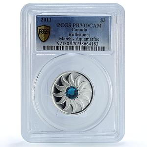 Canada 3 dollars March Aquamarine Birthstones PR 70 PCGS silver coin 2011