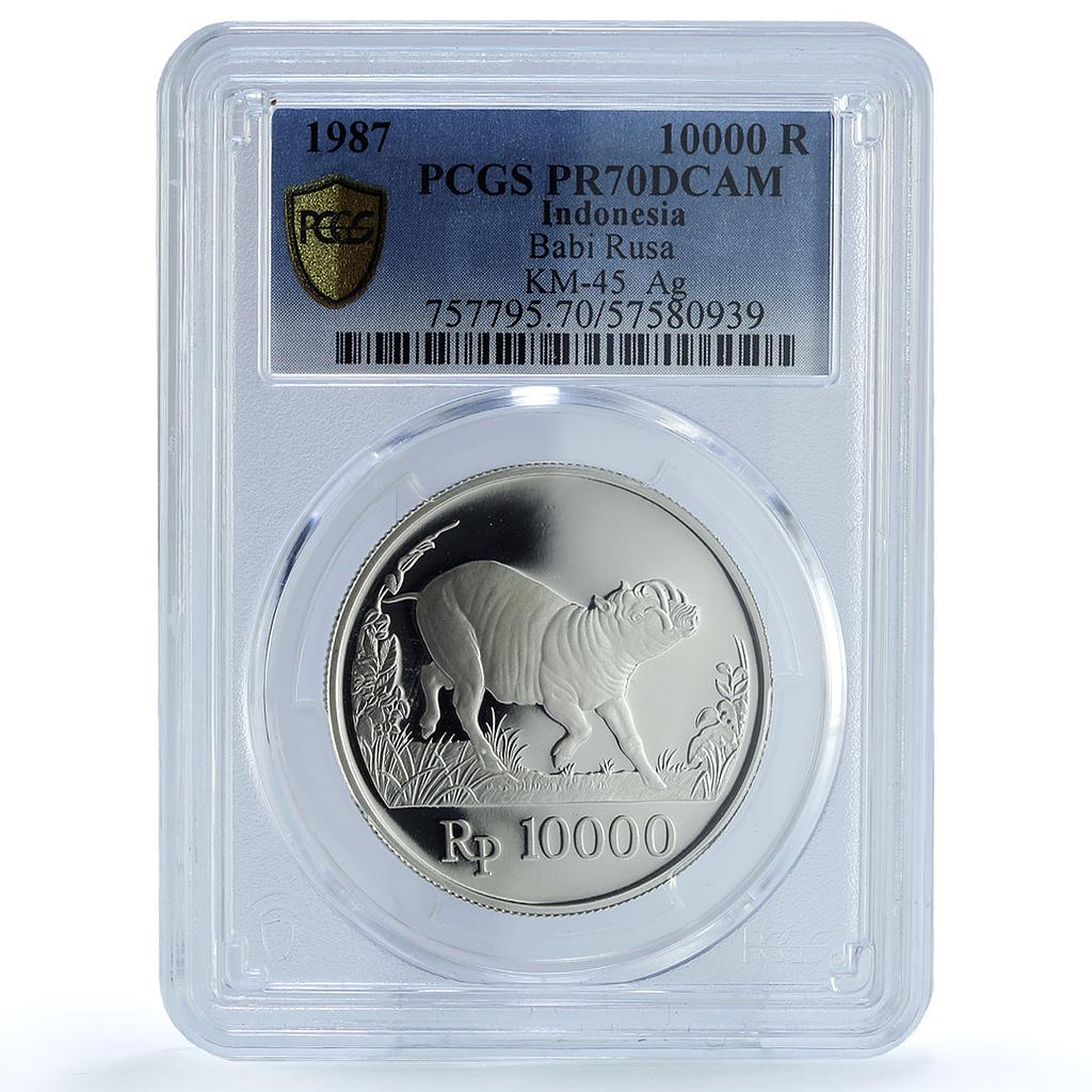 Indonesia 10000 rupiah Babi Rusa KM-45 Wildlife Pig PR 70 PCGS silver coin 1987