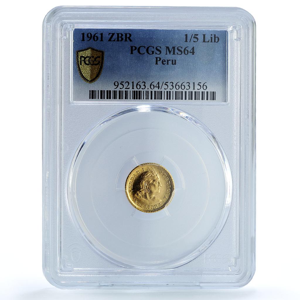 Peru 1/5 libra Republic Trade Coinage KM-210 FR-75 MS 64 PCGS gold coin 1961