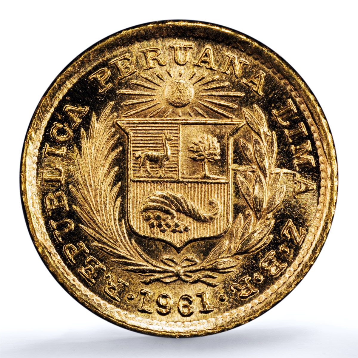 Peru 1/5 libra Republic Trade Coinage KM-210 FR-75 MS 64 PCGS gold coin 1961