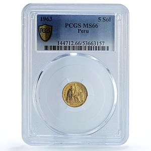 Peru 5 soles oro Republic KM-235 Seated Liberty MS 66 PCGS gold coin 1963
