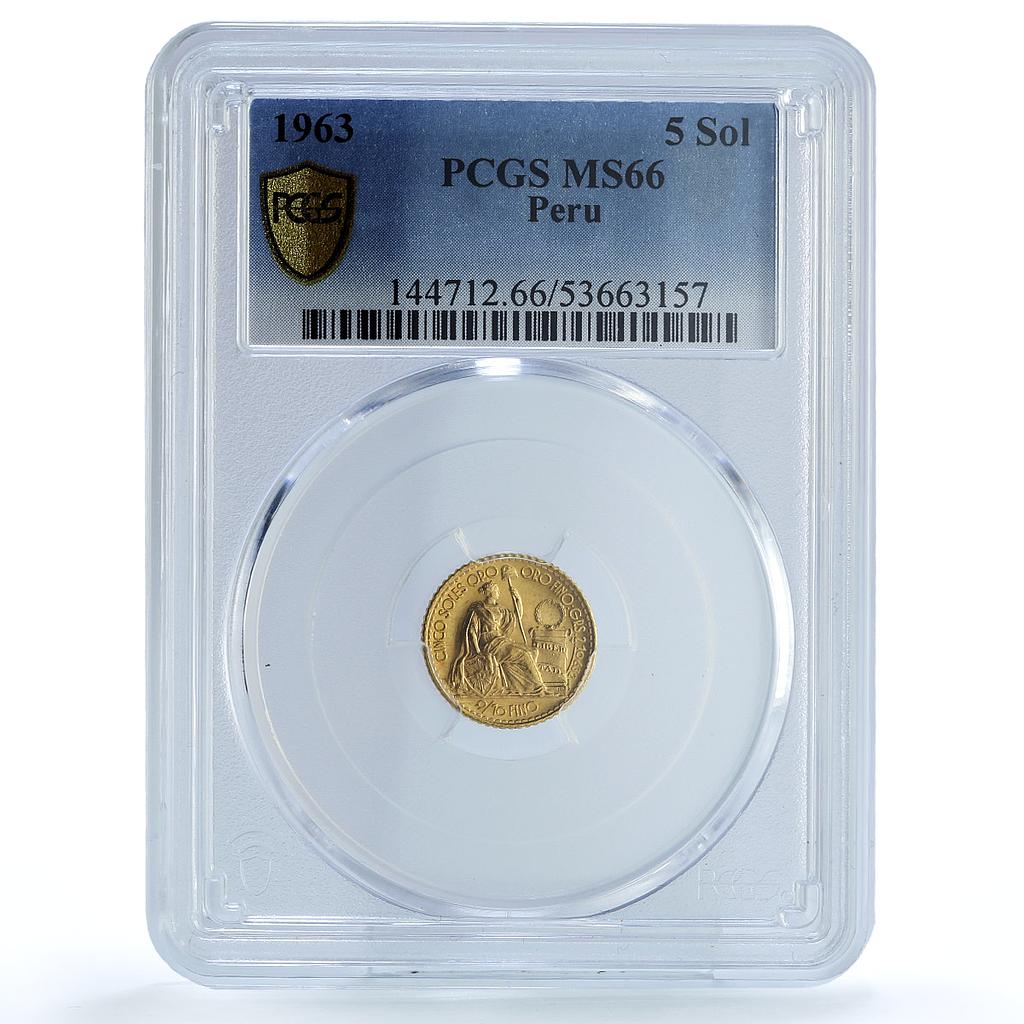 Peru 5 soles oro Republic KM-235 Seated Liberty MS 66 PCGS gold coin 1963