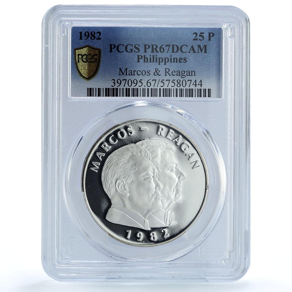 Philippines 25 piso Marcos Reagan KM-235 Politics PR 67 PCGS silver coin 1982