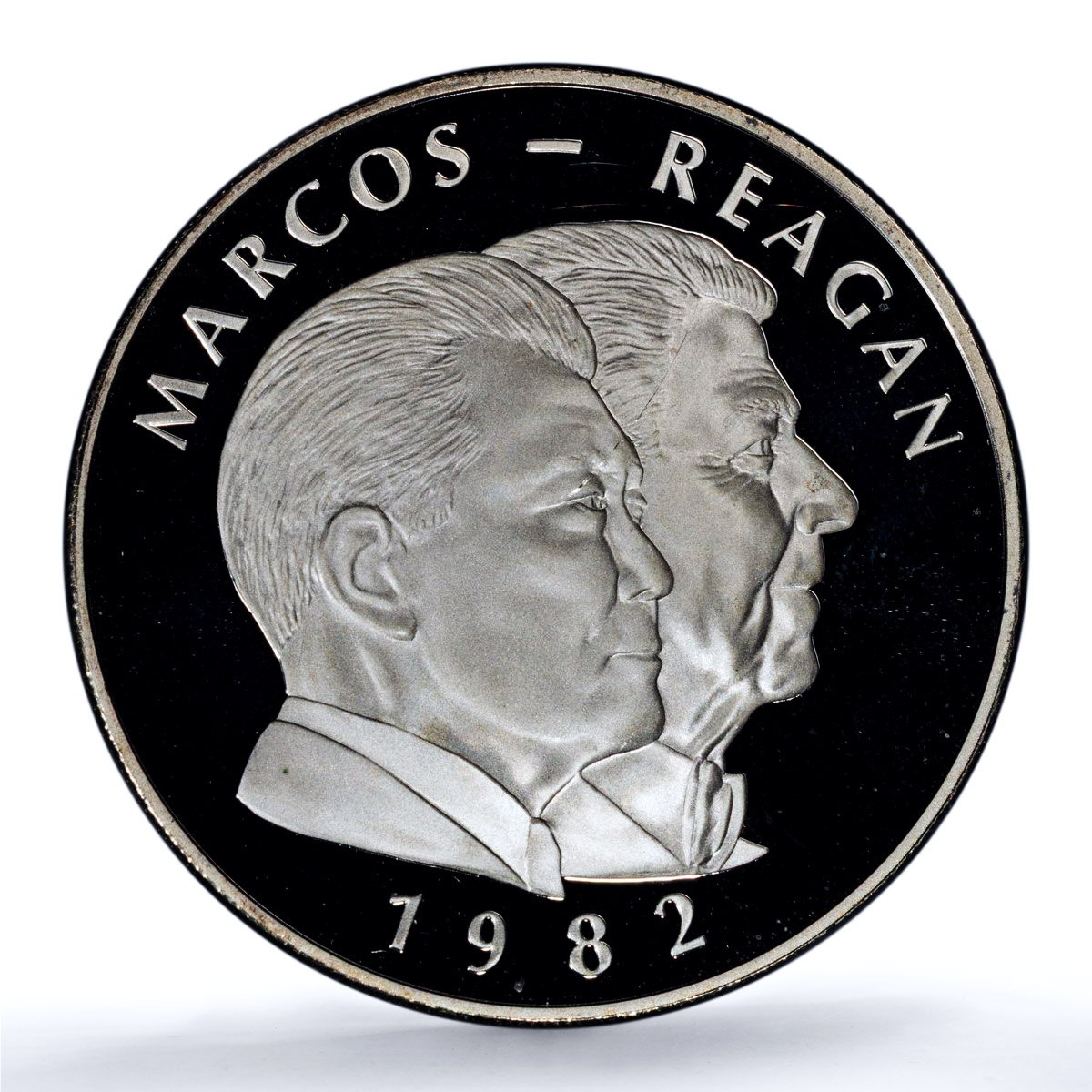 Philippines 25 piso Marcos Reagan KM-235 Politics PR 67 PCGS silver coin 1982