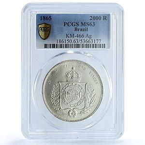Brazil 2000 reis Pedro II KM-466 MS 63 PCGS silver coin 1865