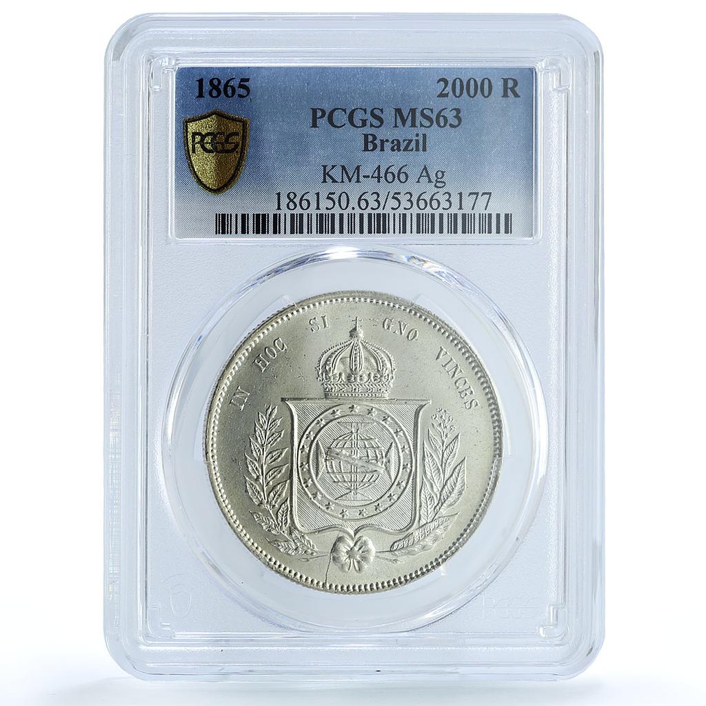 Brazil 2000 reis Pedro II KM-466 MS 63 PCGS silver coin 1865