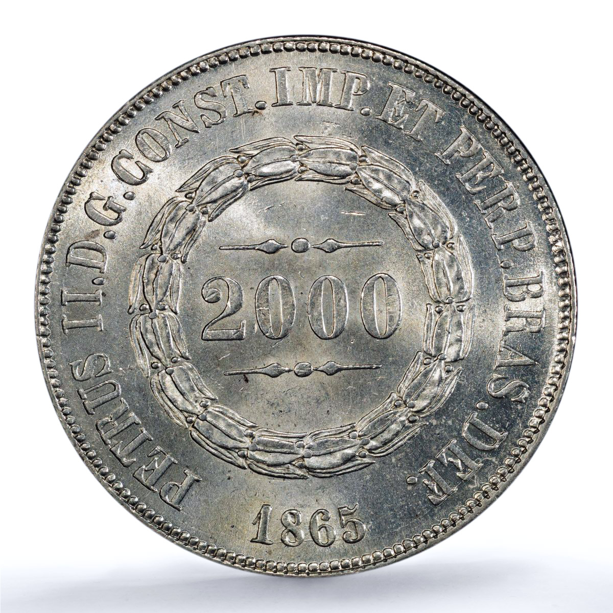 Brazil 2000 reis Pedro II KM-466 MS 63 PCGS silver coin 1865