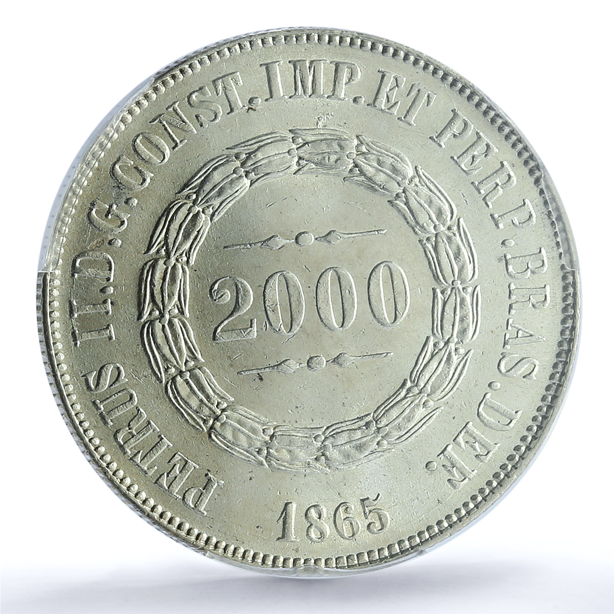 Brazil 2000 reis Pedro II KM-466 MS 63 PCGS silver coin 1865