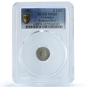 Colombia 2 1/2 centavos United States KM-180 Libertad MS 63 PCGS CuNi coin 1881