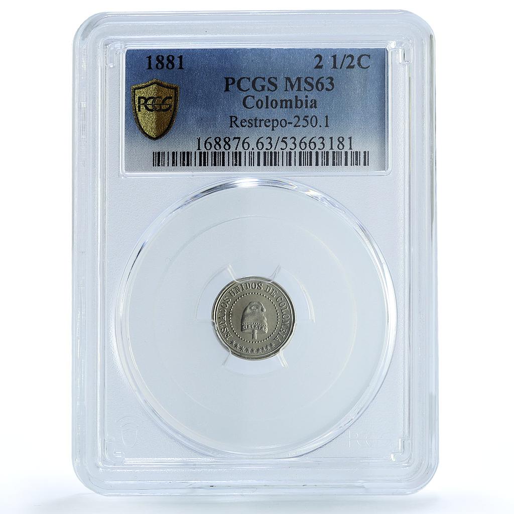 Colombia 2 1/2 centavos United States KM-180 Libertad MS 63 PCGS CuNi coin 1881 Colombia 2 1/2 centavos United States KM-180 Libertad MS 63 PCGS CuNi coin 1881