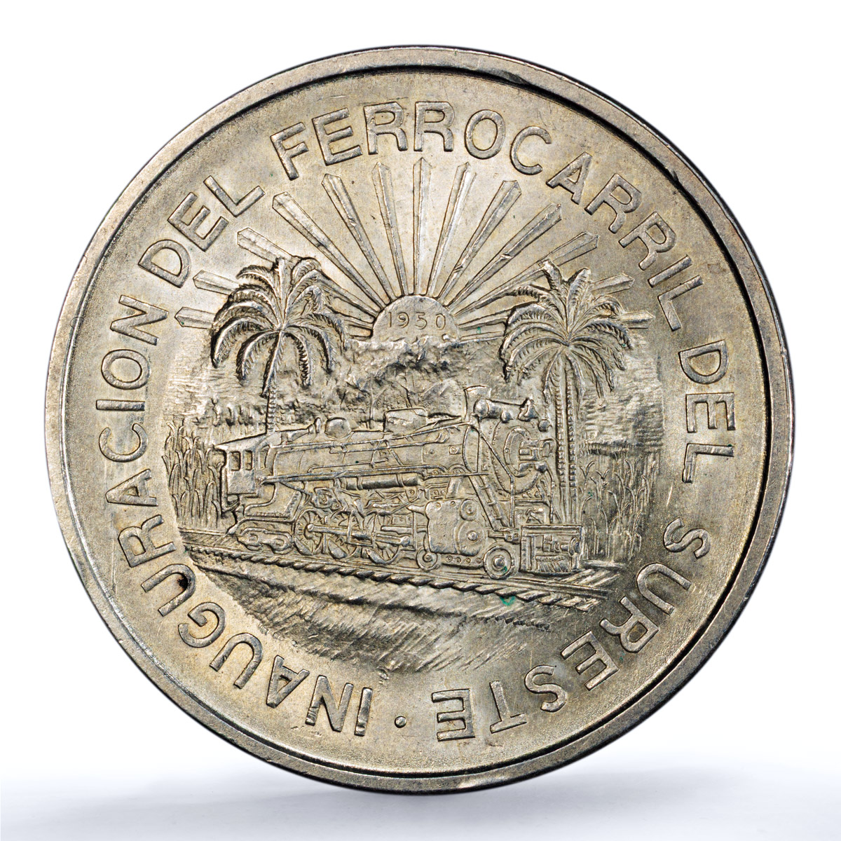 Mexico 5 pesos Opening Southern Railroad KM-466 Train MS64 PCGS silver coin 1950
