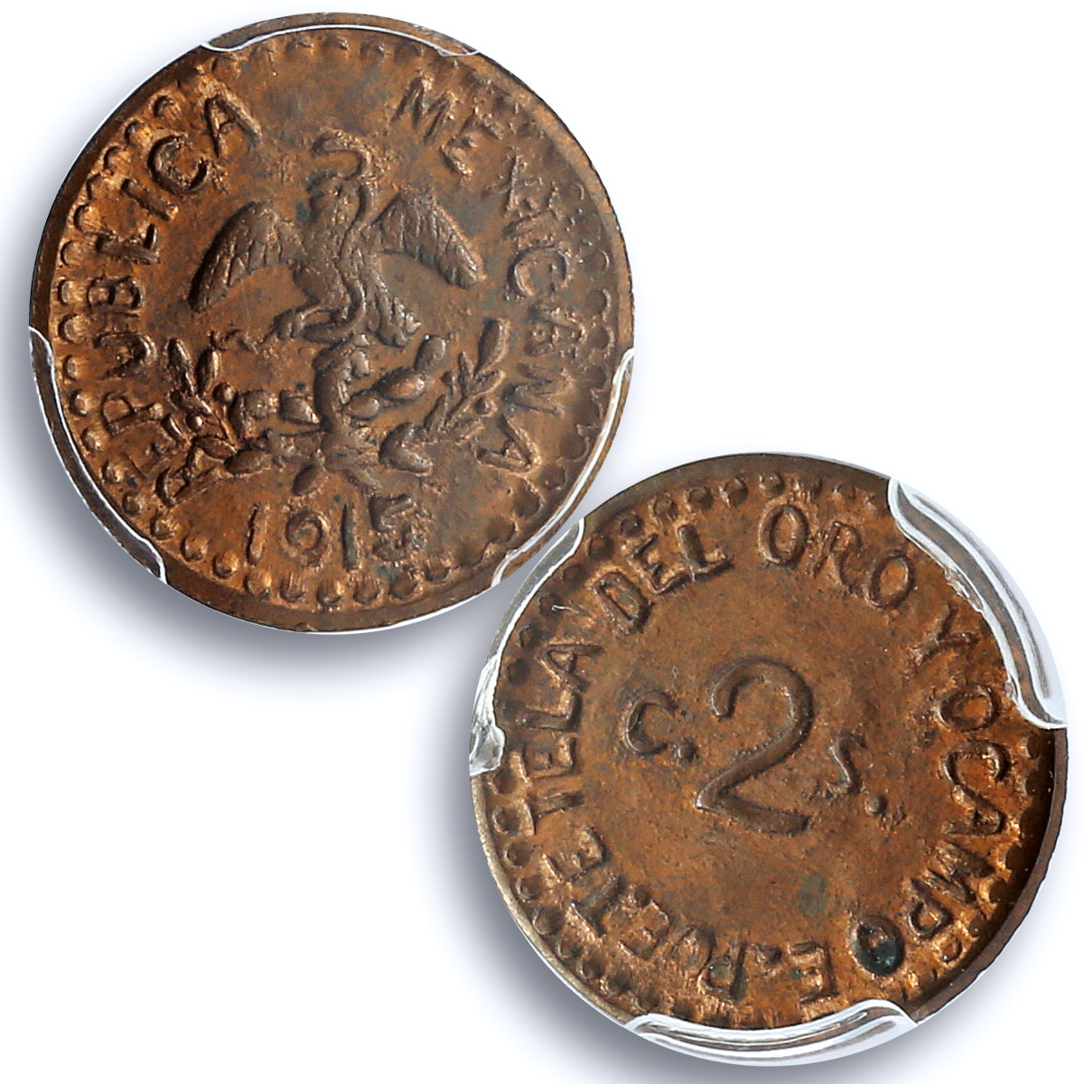 Mexico 2 centavos Puebla Restrike Tetela Oro Ocampo KM-759 MS 63 PCGS coin 1915