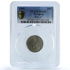 Paraguay 20 centavos Republic KM-8 Schon-3 MS 65 PCGS CuNi coin 1900