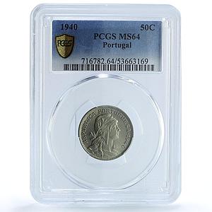 Portugal 50 centavos Second Republic KM-577 MS 64 PCGS NiBrass coin 1940