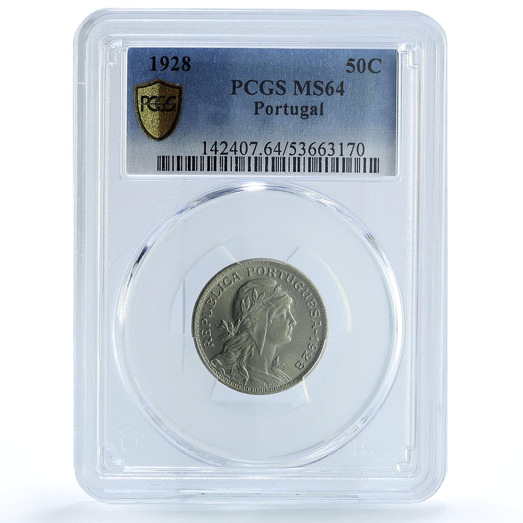 Portugal 50 centavos Second Republic KM-577 MS 64 PCGS NiBrass coin 1928