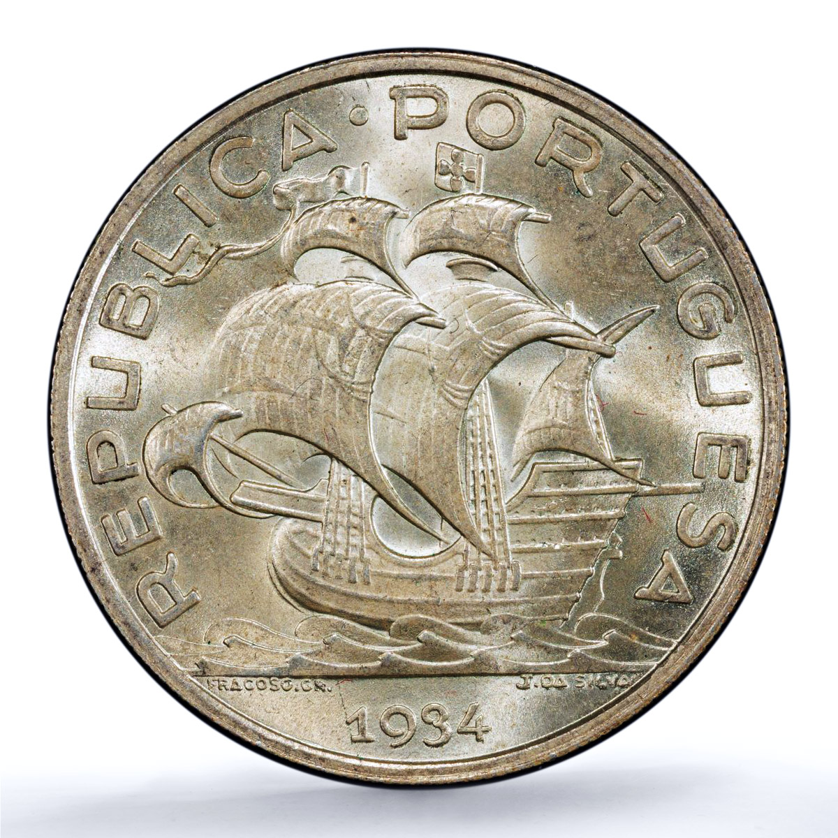 Portugal 10 escudos Second Republic KM-582 Ship MS 65 PCGS silver coin 1934