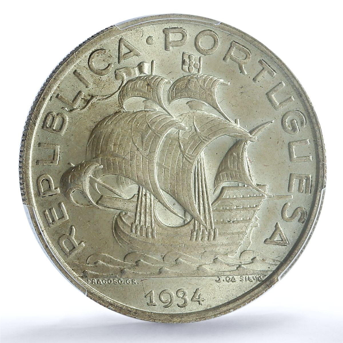 Portugal 10 escudos Second Republic KM-582 Ship MS 65 PCGS silver coin 1934