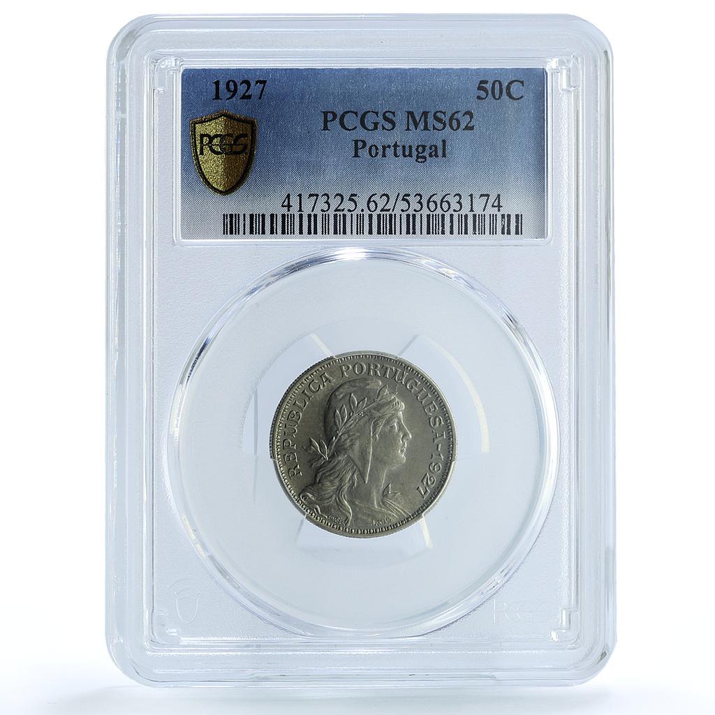 Portugal 50 centavos Second Republic KM-577 MS 62 PCGS NiBrass coin 1927
