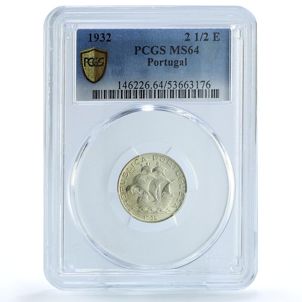 Portugal 2 1/2 escudos Second Republic KM-580 Ship MS 64 PCGS silver coin 1932