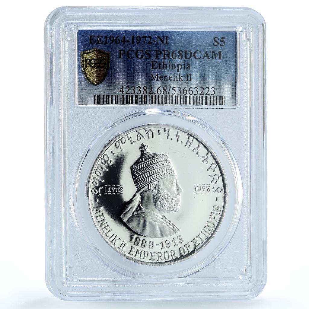 Ethiopia 5 dollars Emperor Menelik II KM-50 PR 68 PCGS silver coin 1972