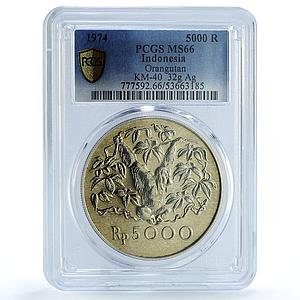 Indonesia 5000 rupiah Orangutan KM-40 Fauna Monkey MS 66 PCGS silver coin 1974