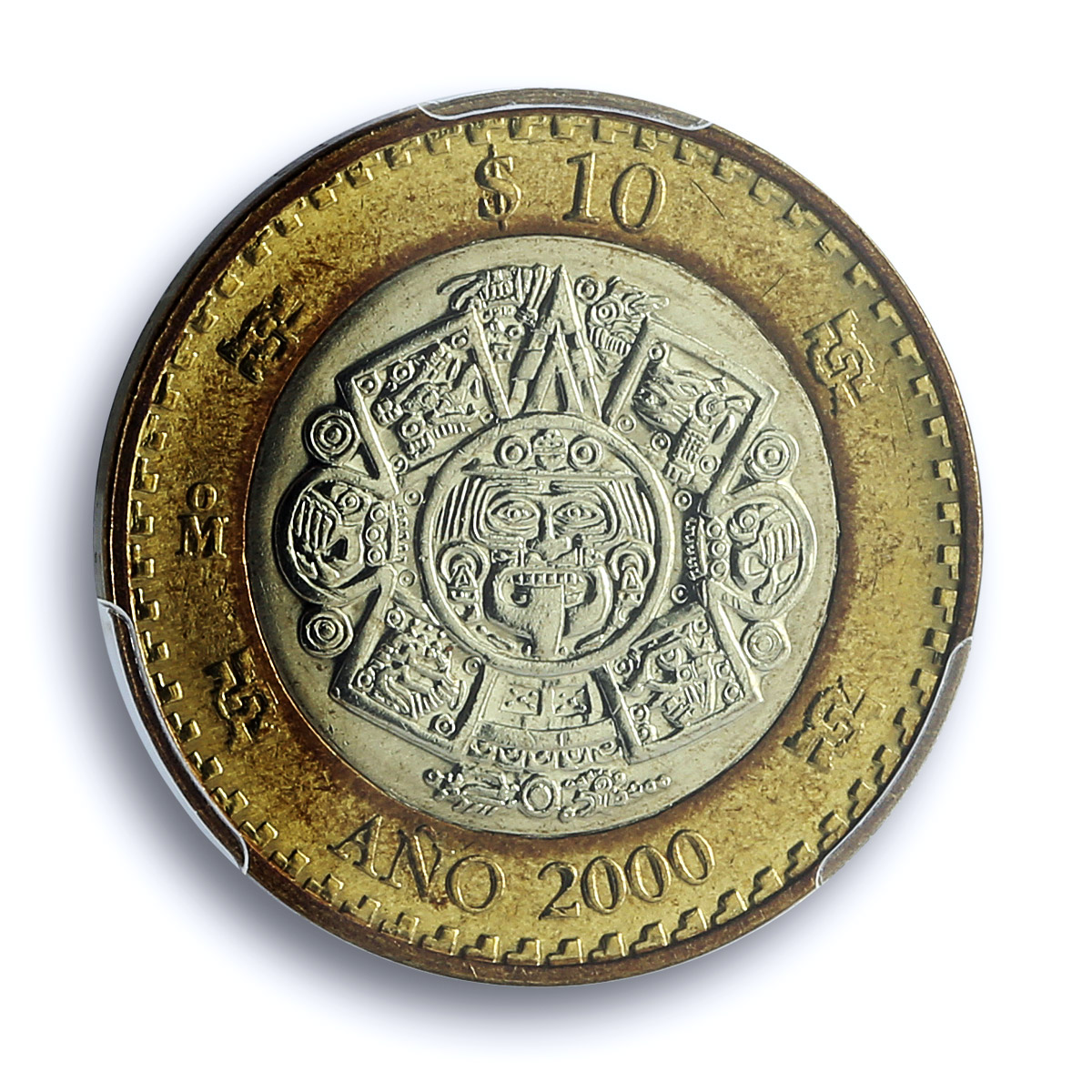 Mexico 10 pesos Millennium Aztec Rev. KM-636 Genuine UNC PCGS bimetal coin 2000