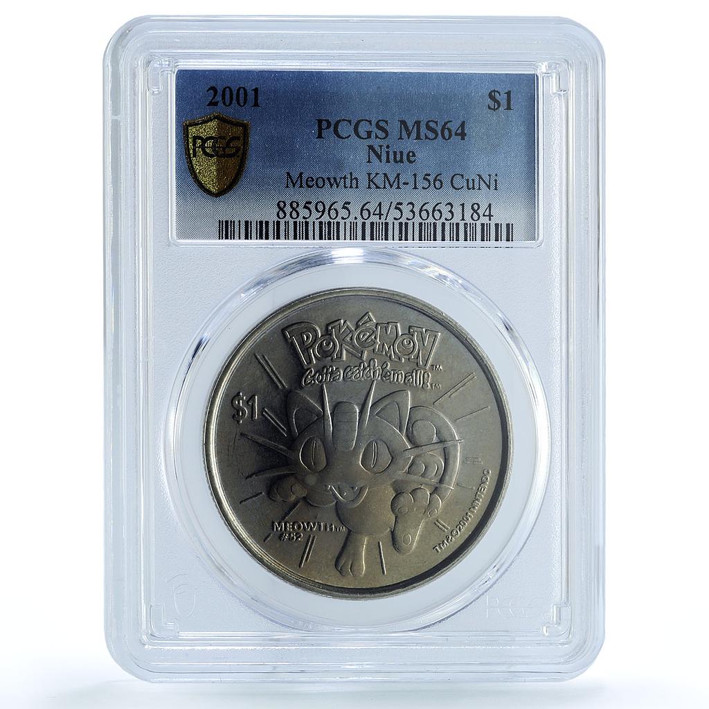 Niue 1 dollar Meowth KM-156 Pokemon Cartoon Cat MS 64 PCGS CuNi coin 2001
