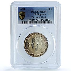 Philippines 1/2 peso Jose Rizal KM-191 Anniversary MS 64 PCGS silver coin 1961