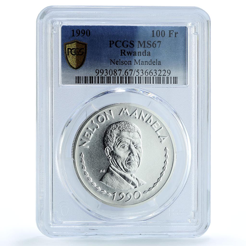 Rwanda 100 francs Nelson Mandela KM-18 Politics MS 67 PCGS silver coin 1990