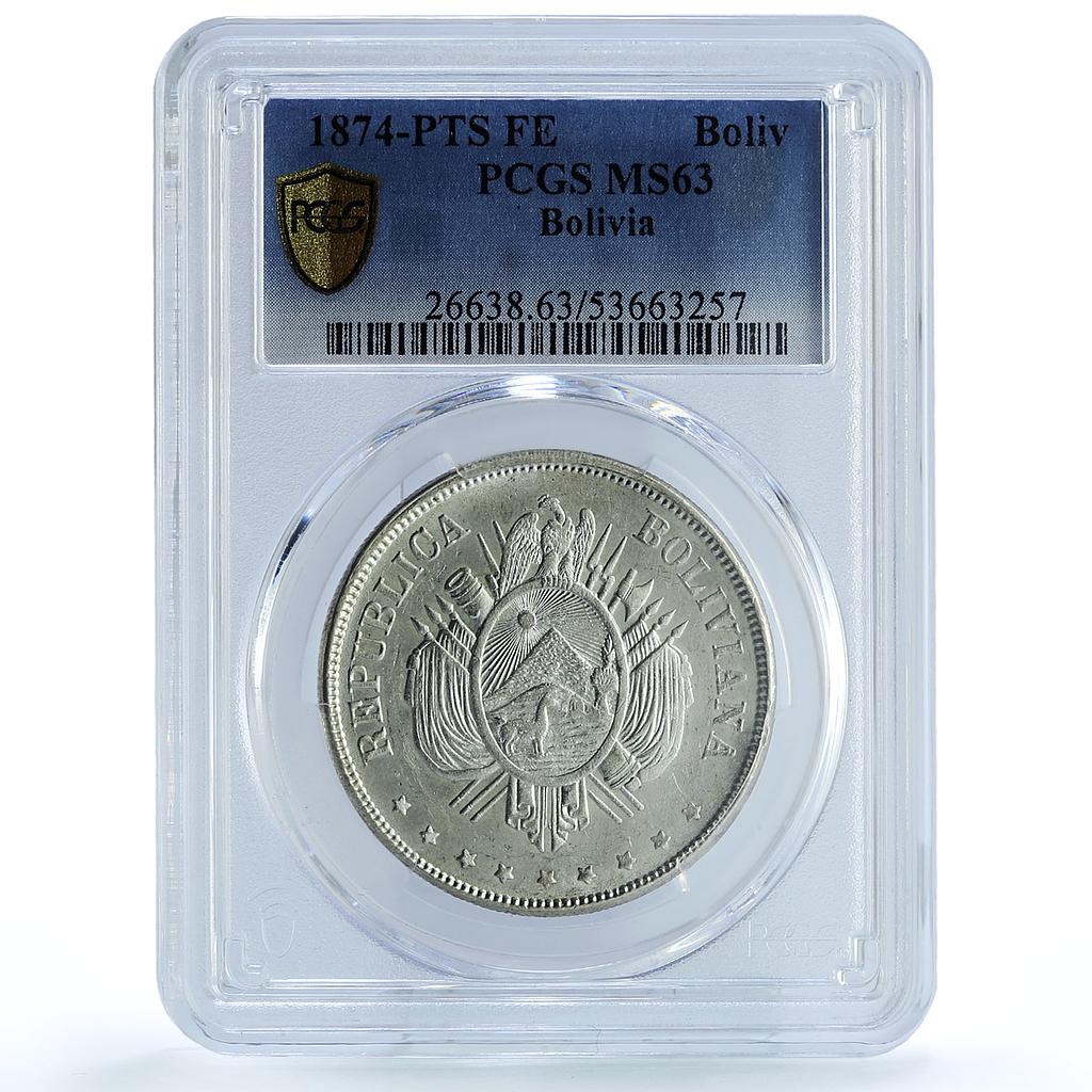 Bolivia 1 boliviano Republic KM.160.1 MS 63 PCGS silver coin 1874
