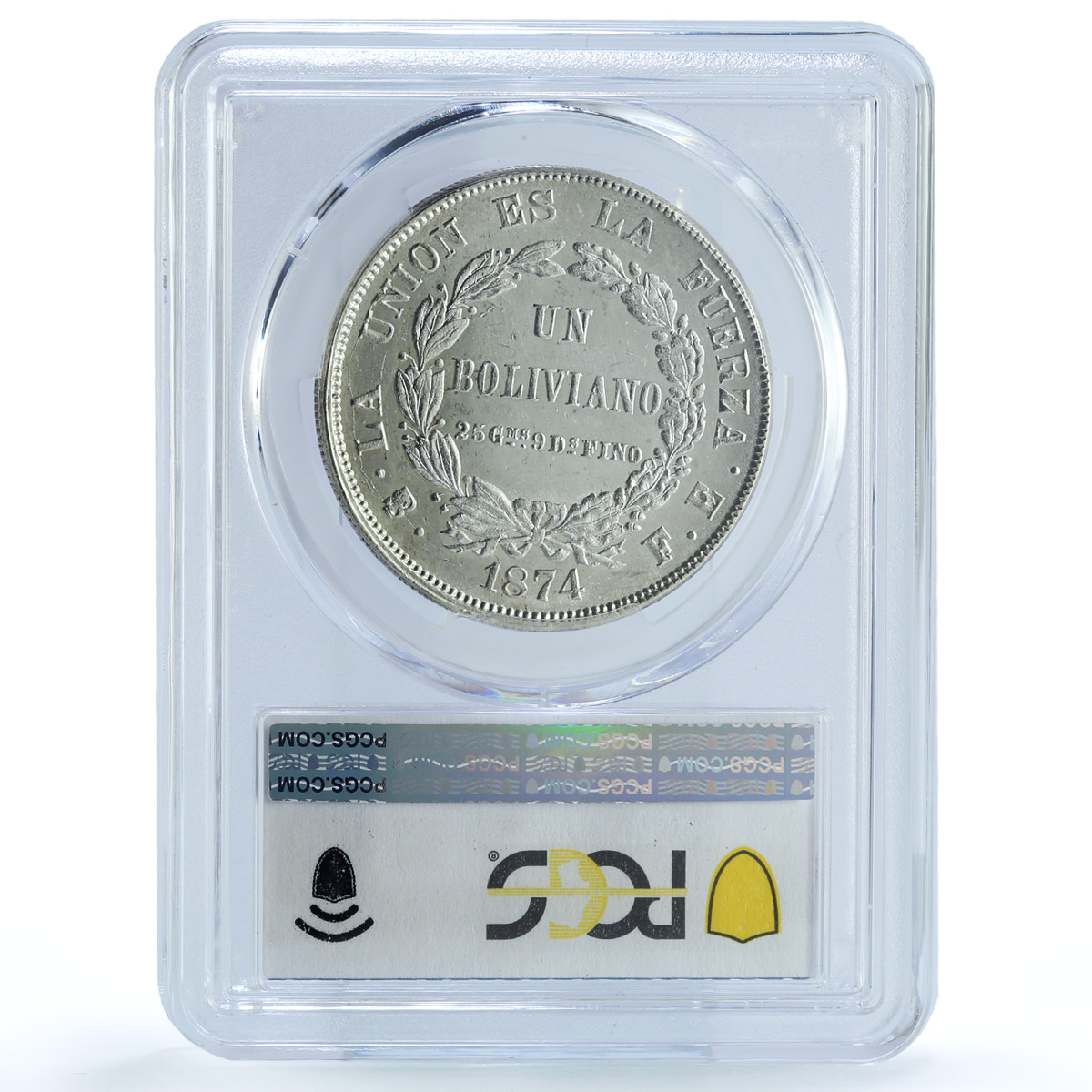 Bolivia 1 boliviano Republic KM.160.1 MS 63 PCGS silver coin 1874