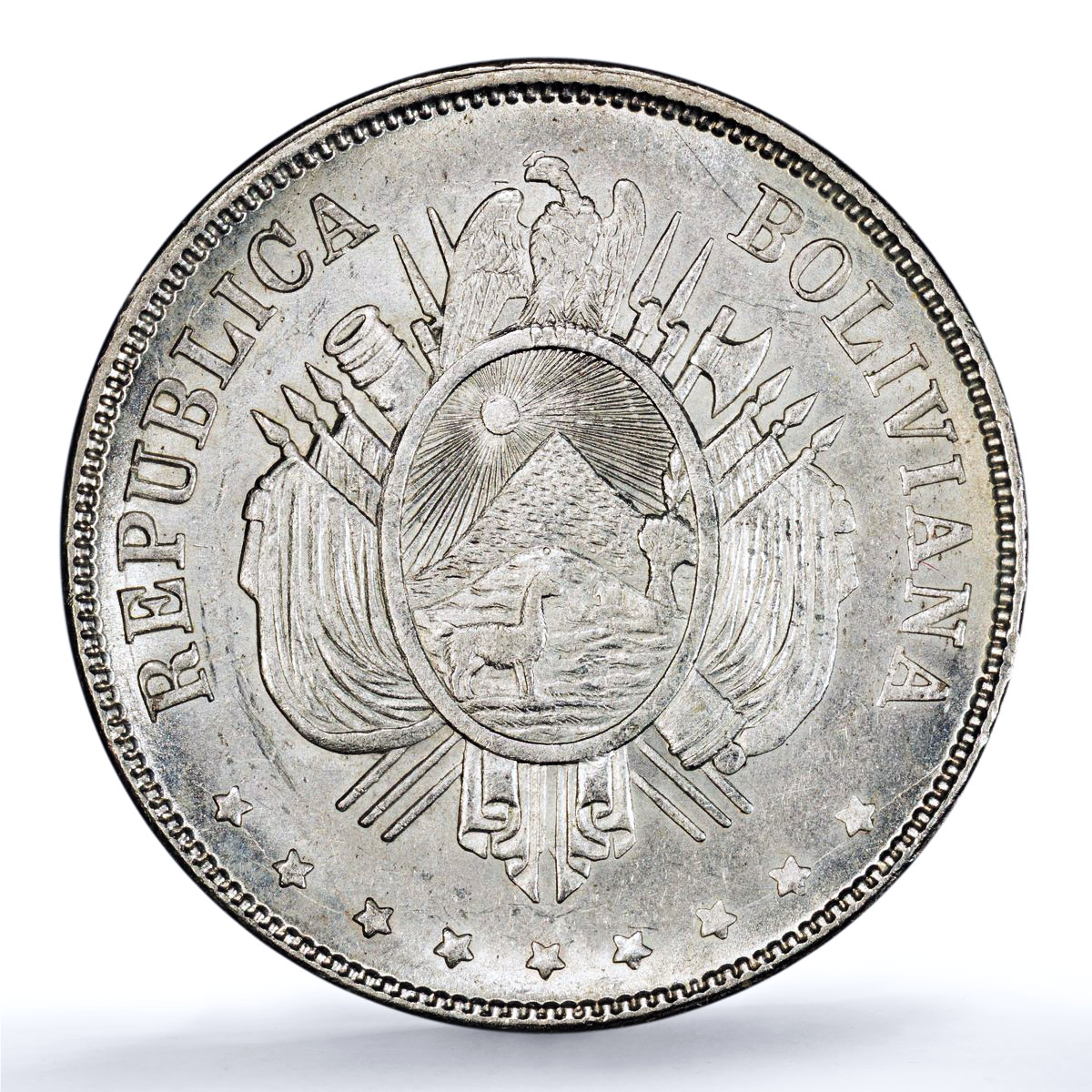 Bolivia 1 boliviano Republic KM.160.1 MS 63 PCGS silver coin 1874