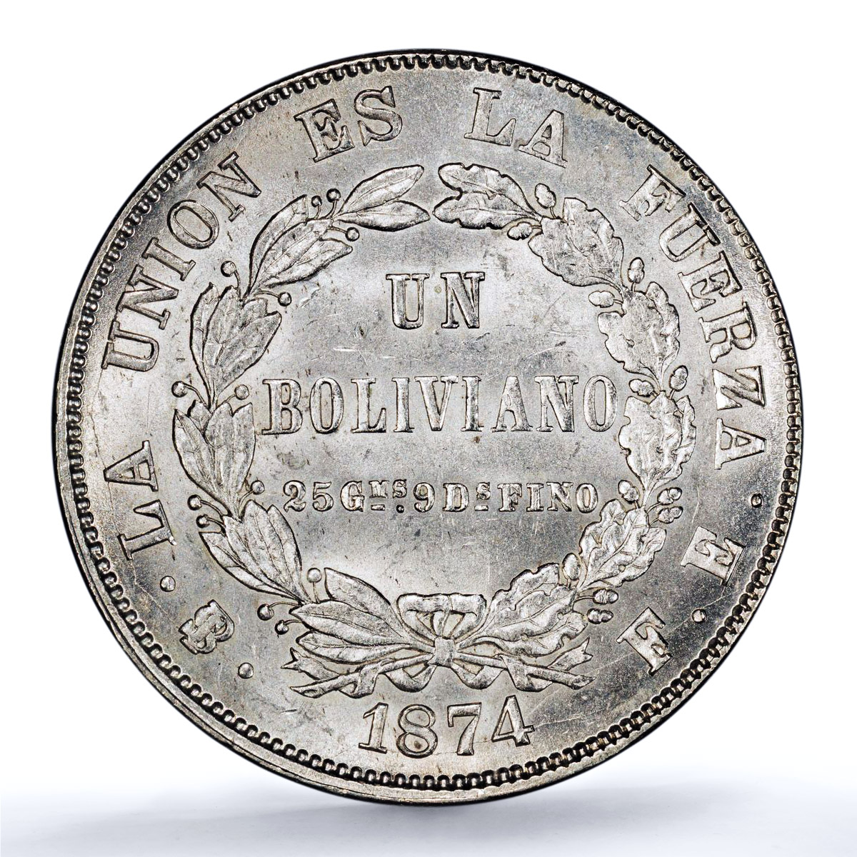 Bolivia 1 boliviano Republic KM.160.1 MS 63 PCGS silver coin 1874
