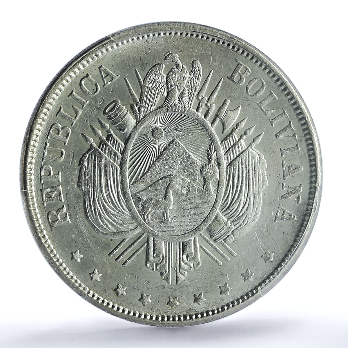 Bolivia 1 boliviano Republic KM.160.1 MS 63 PCGS silver coin 1874