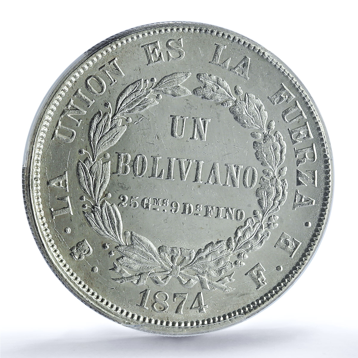 Bolivia 1 boliviano Republic KM.160.1 MS 63 PCGS silver coin 1874