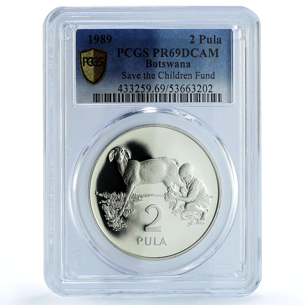 Botswana 2 pula Save the Children KM-22 UNICEF Sheep PR 69 PCGS silver coin 1989 Botswana 2 pula Save the Children KM-22 UNICEF Sheep PR 69 PCGS silver coin 1989
