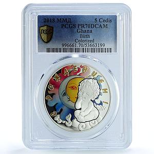 Ghana 5 cedis Happy Birthday Coloured Sun Moon Child PR 70 PCGS silver coin 2018