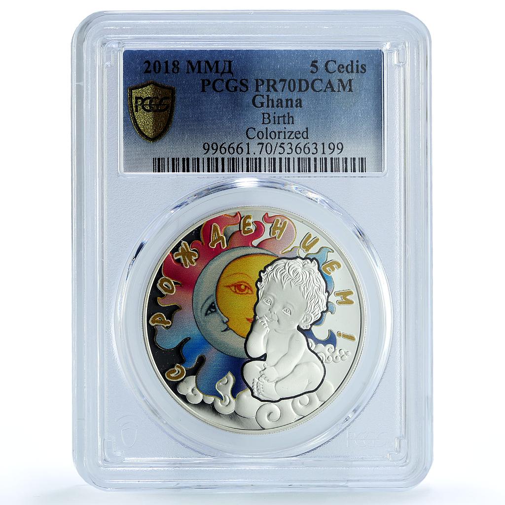 Ghana 5 cedis Happy Birthday Coloured Sun Moon Child PR 70 PCGS silver coin 2018