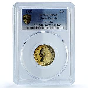 Great Britain 3 pence Elizabeth II KM-886 S- 4152 PR 66 PCGS brass coin 1953