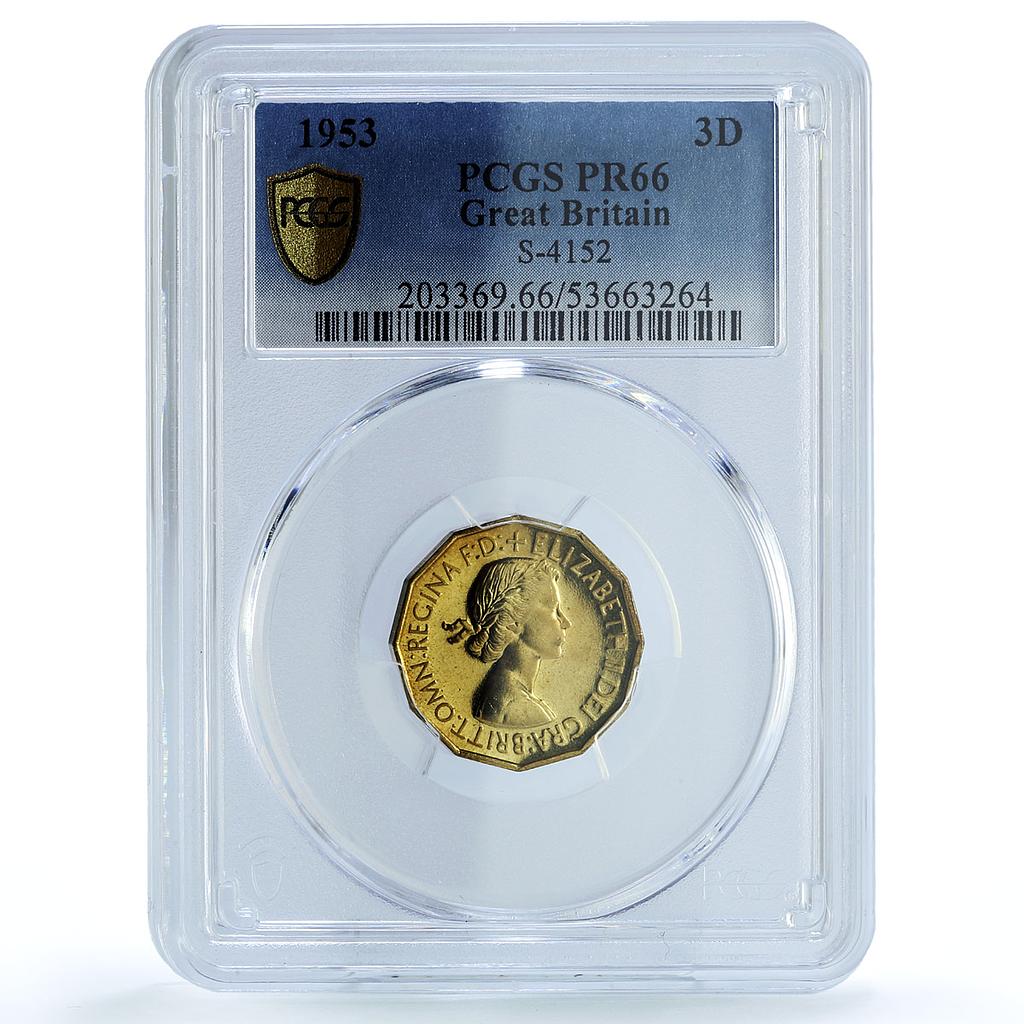 Great Britain 3 pence Elizabeth II KM-886 S- 4152 PR 66 PCGS brass coin 1953
