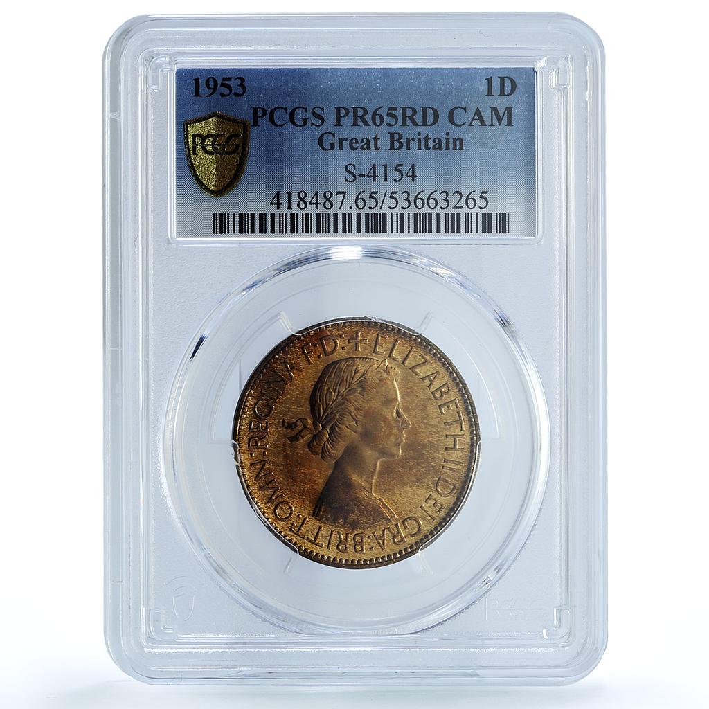 Great Britain 1 penny Elizabeth II KM-883 S- 4154 PR 65 PCGS bronze coin 1953