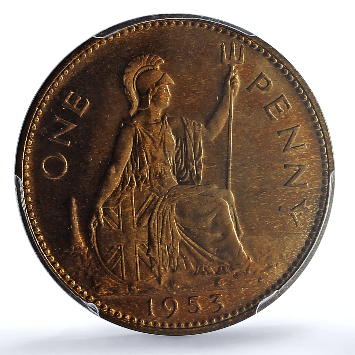 Great Britain 1 penny Elizabeth II KM-883 S- 4154 PR 65 PCGS bronze coin 1953