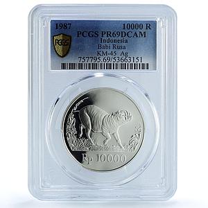 Indonesia 10000 rupiah Babi Rusa KM-45 Wildlife Pig PR 69 PCGS silver coin 1987
