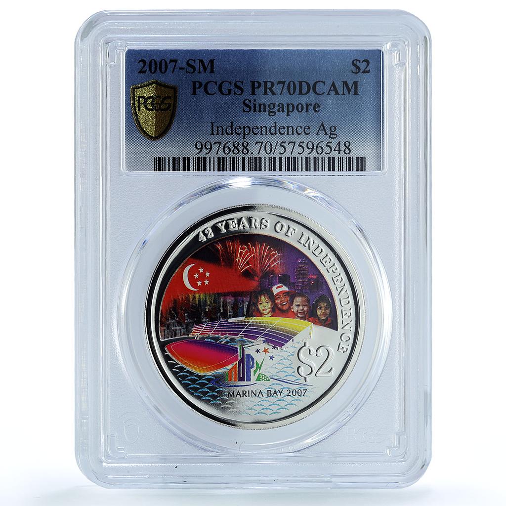 Singapore 2 dollars Independence KM-193a Anniversary Flag PR70 PCGS Ag coin 2007