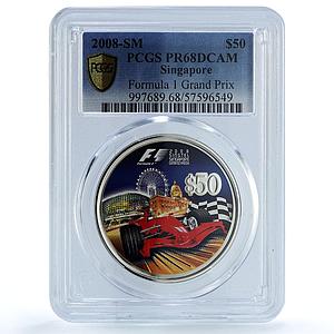 Singapore 50 dollars F1 Formula One Grand Prix KM-288 Car PR68 PCGS Ag coin 2008