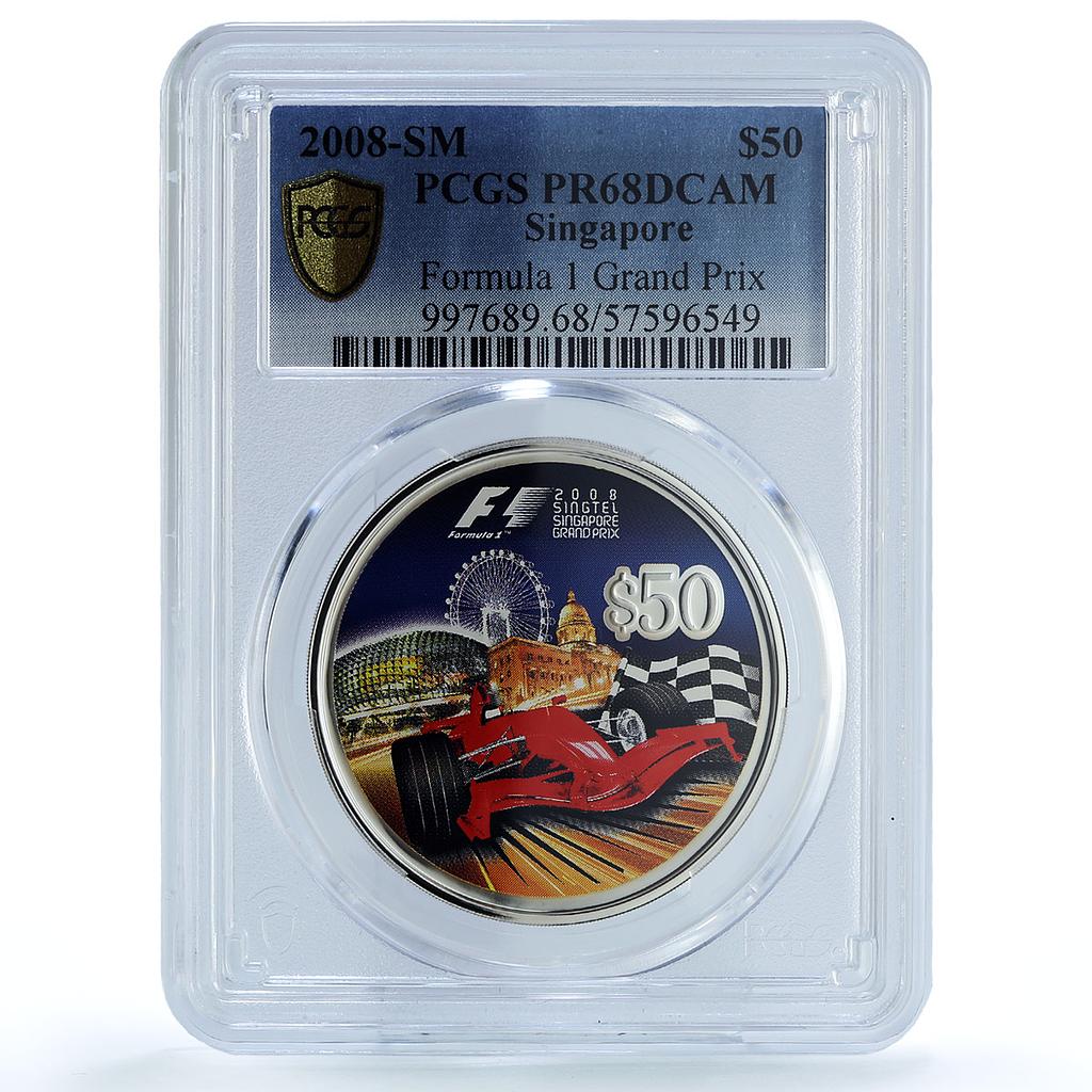 Singapore 50 dollars F1 Formula One Grand Prix KM-288 Car PR68 PCGS Ag coin 2008