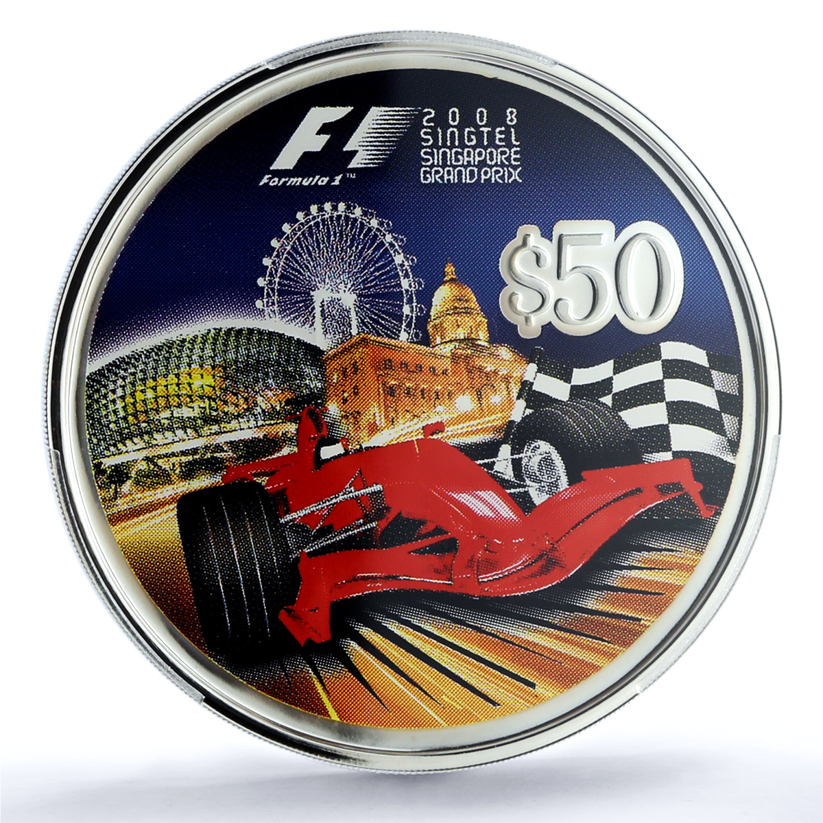 Singapore 50 dollars F1 Formula One Grand Prix KM-288 Car PR68 PCGS Ag coin 2008